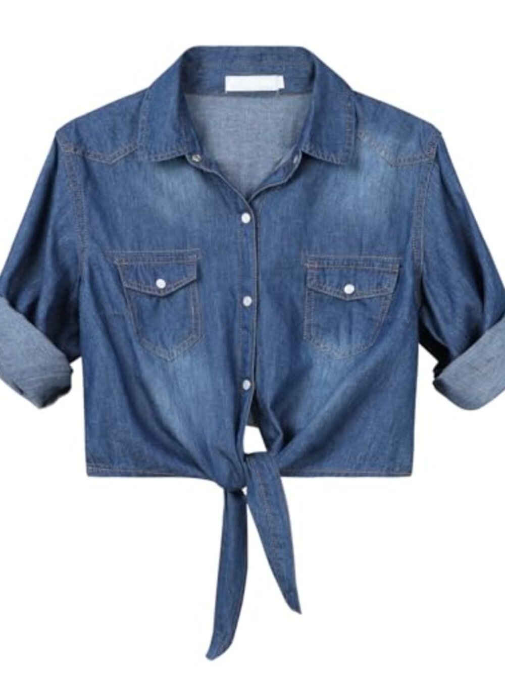 Chambray Denim Button Down Crop Top Tie Front 3/4 Sleeve Women's Shirt